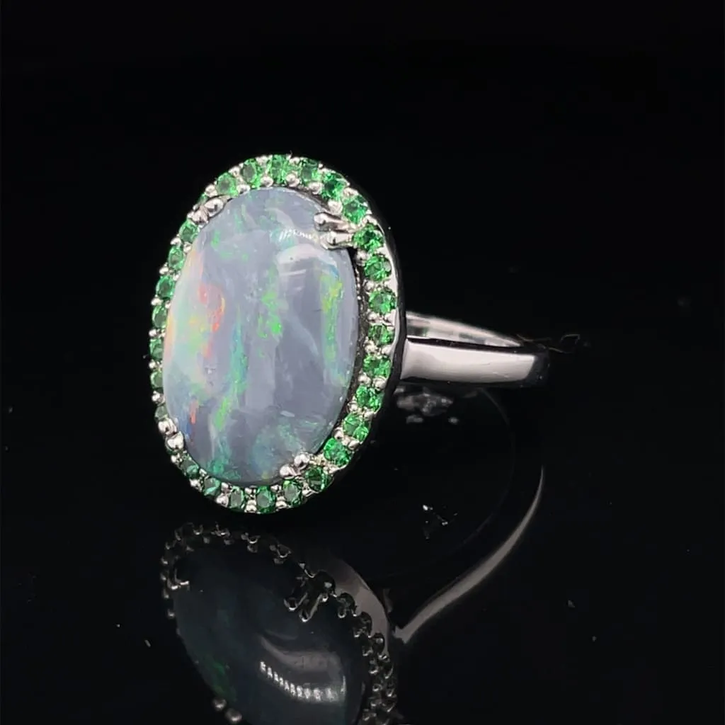 AMAZING OPAL AND TSAVORITE SET IN 14 KARAT WHITE GOLD AT REGARD JEWELRY IN AUSTIN, TEXAS