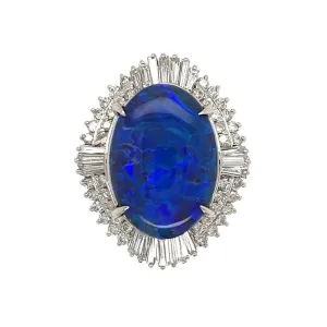 Beautiful Black Opal Set in Platinum Ring with Diamond Halo at Regard Jewelry in Austin, Texas