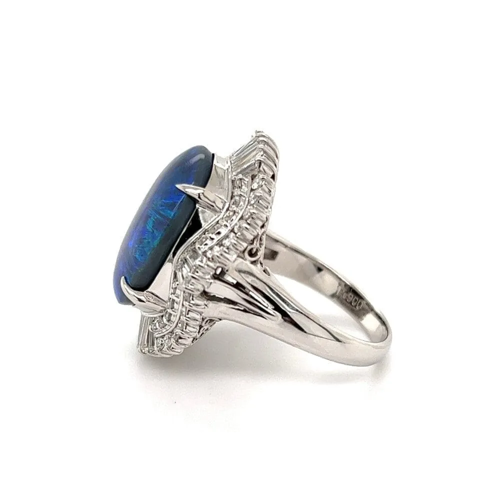 Beautiful Black Opal Set in Platinum Ring with Diamond Halo at Regard Jewelry in Austin, Texas