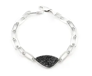 Black Druzy Long Link Sterling Silver Bracelet