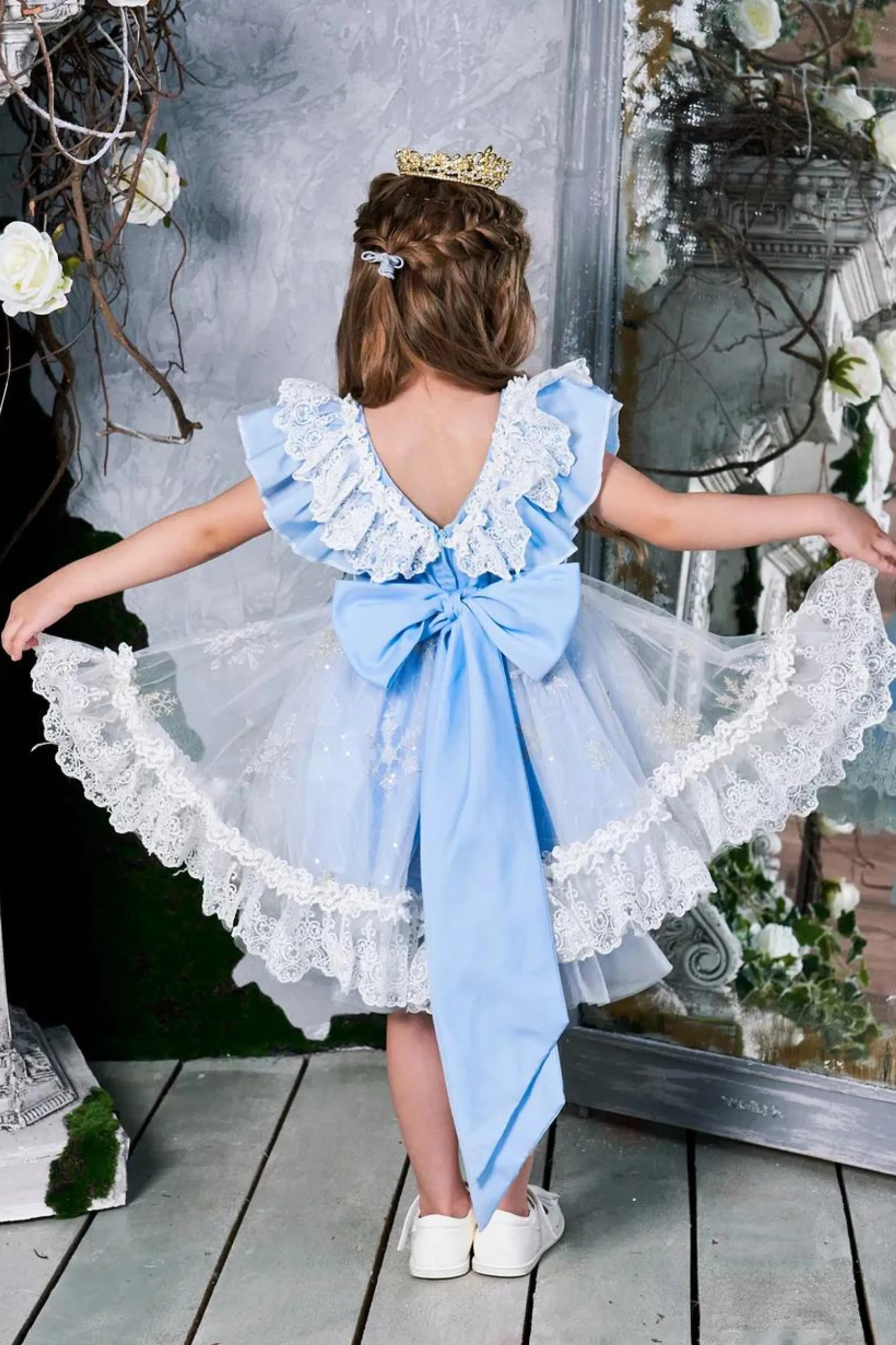 Elsa Blue Ruffled Sleeves Snowflake LaceDress