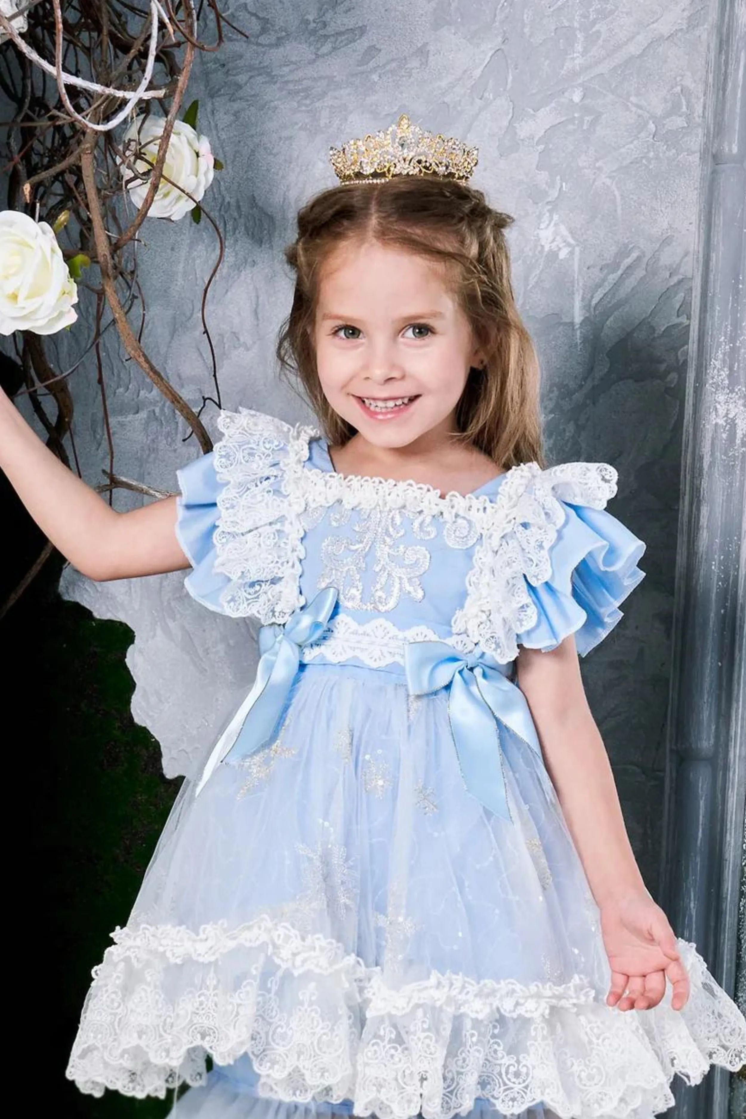 Elsa Blue Ruffled Sleeves Snowflake LaceDress
