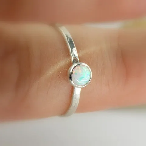 Hammered Band Opal Cab Ring - Sterling Silver