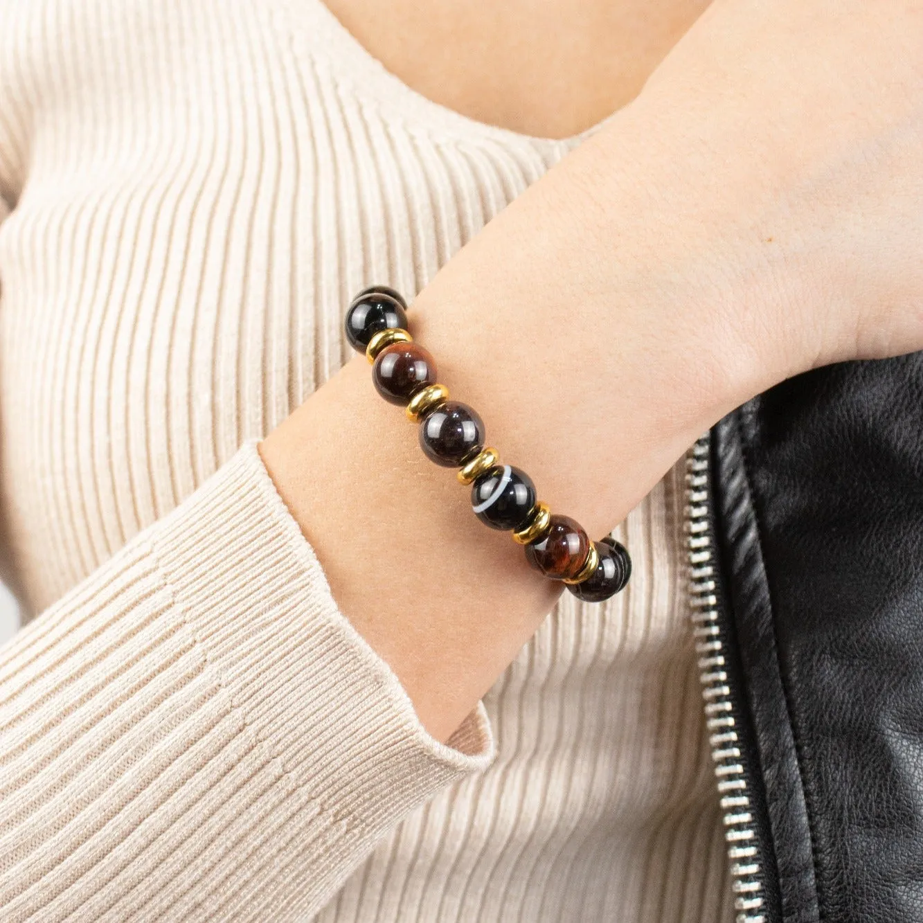 Women's Strength and Harmony Bracelet with Garnet Almandine, Agate Eye, Tiger Eye Red and Golden Steel