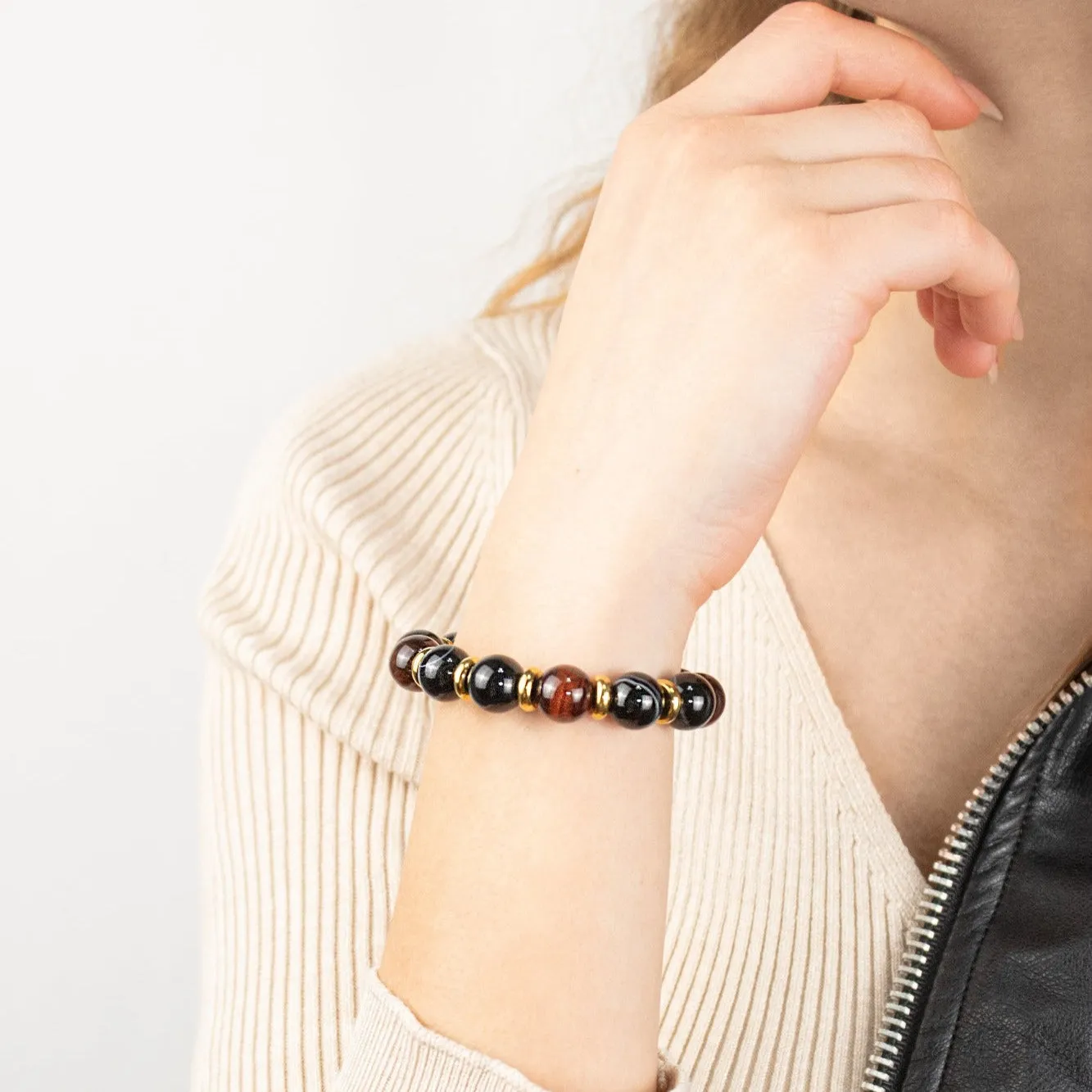 Women's Strength and Harmony Bracelet with Garnet Almandine, Agate Eye, Tiger Eye Red and Golden Steel