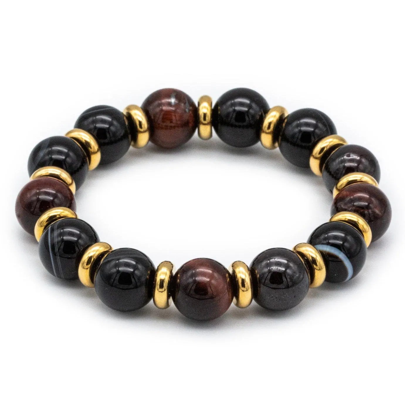 Women's Strength and Harmony Bracelet with Garnet Almandine, Agate Eye, Tiger Eye Red and Golden Steel